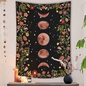 Moonlit Garden Tapestry, Moon Phase Surrounded by Plants and Flowers Black Wall